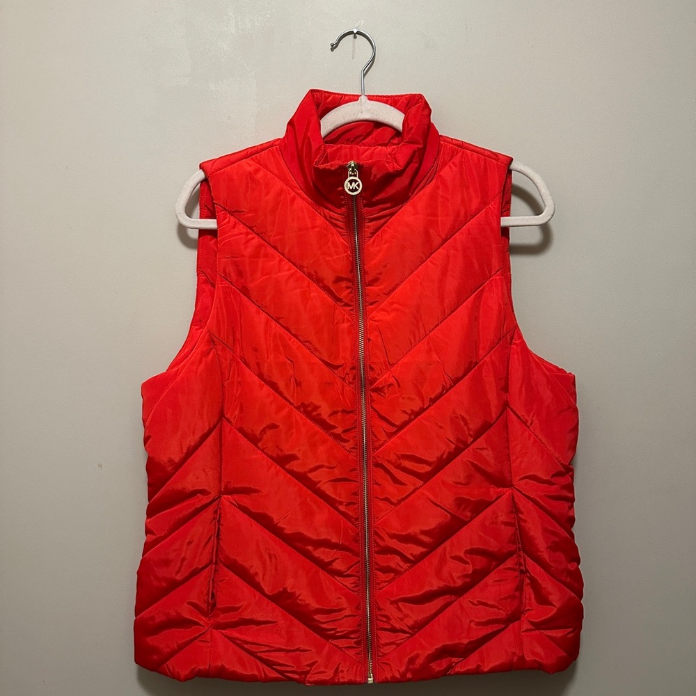 Michael Kors Bright Red Quilted Chevron Puffer Vest